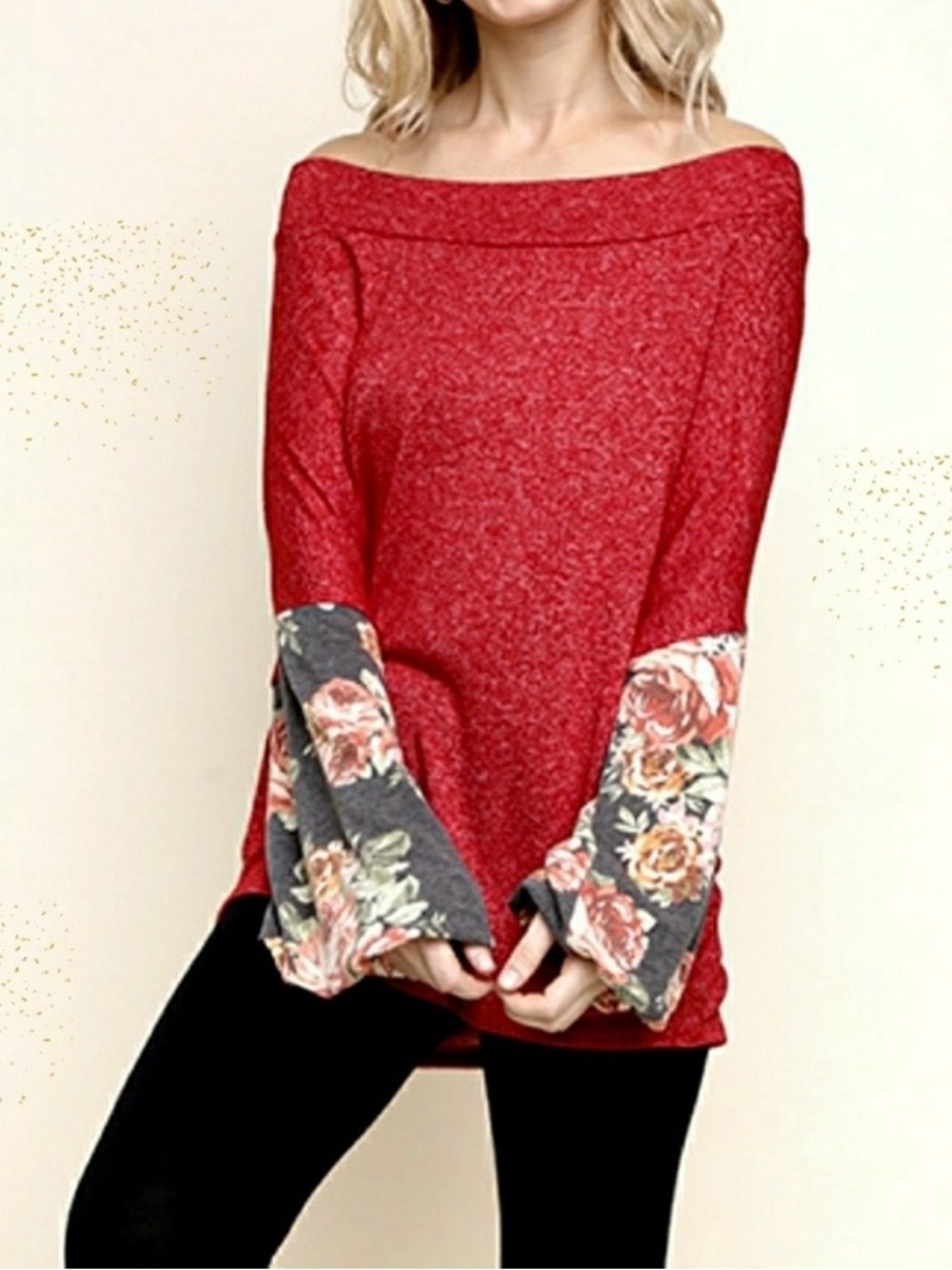 Off-Shoulder Red Tunic Top with Floral Bell Sleeves